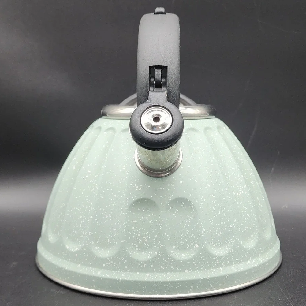 Dolly Parton Mint Green Speckled Whistling Tea Kettle Stainless Stovetop Retro